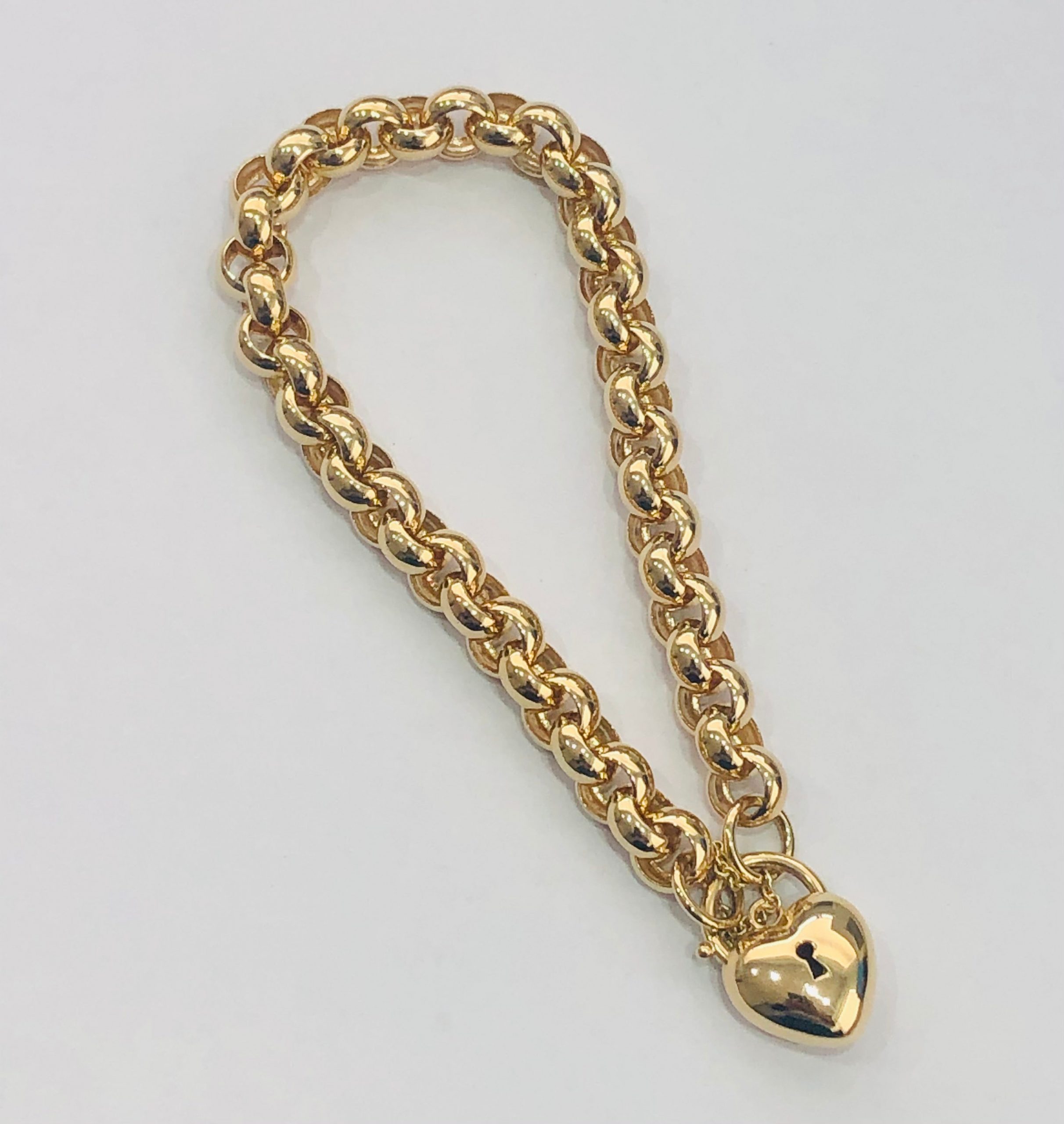 9CT 23CM HEAVY BELCHER BRACELET WITH PUFF HEART PADLOCK