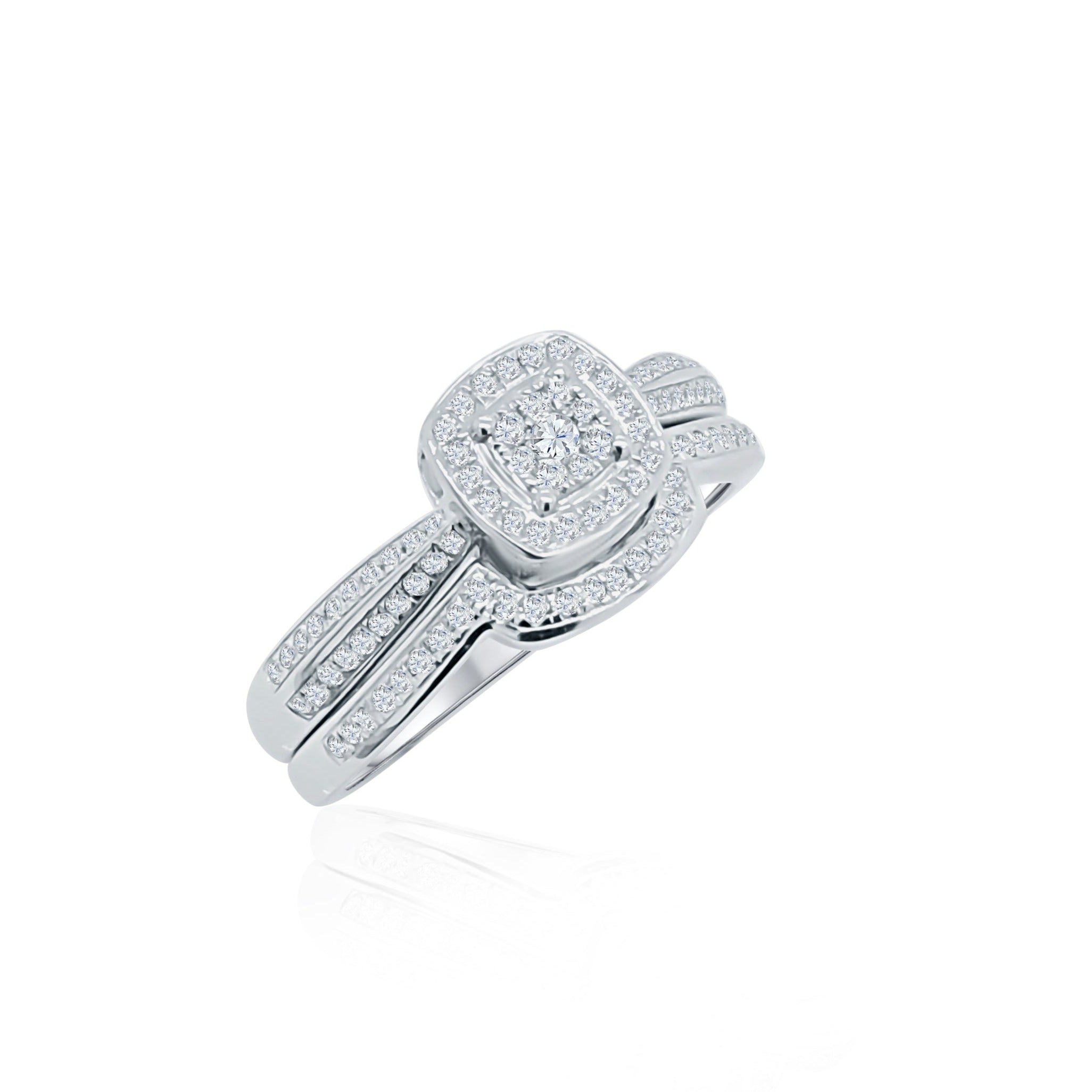 9ct White Gold 0.33ct Diamond Square Cluster Bridal 2 Piece Set Gold Rings 