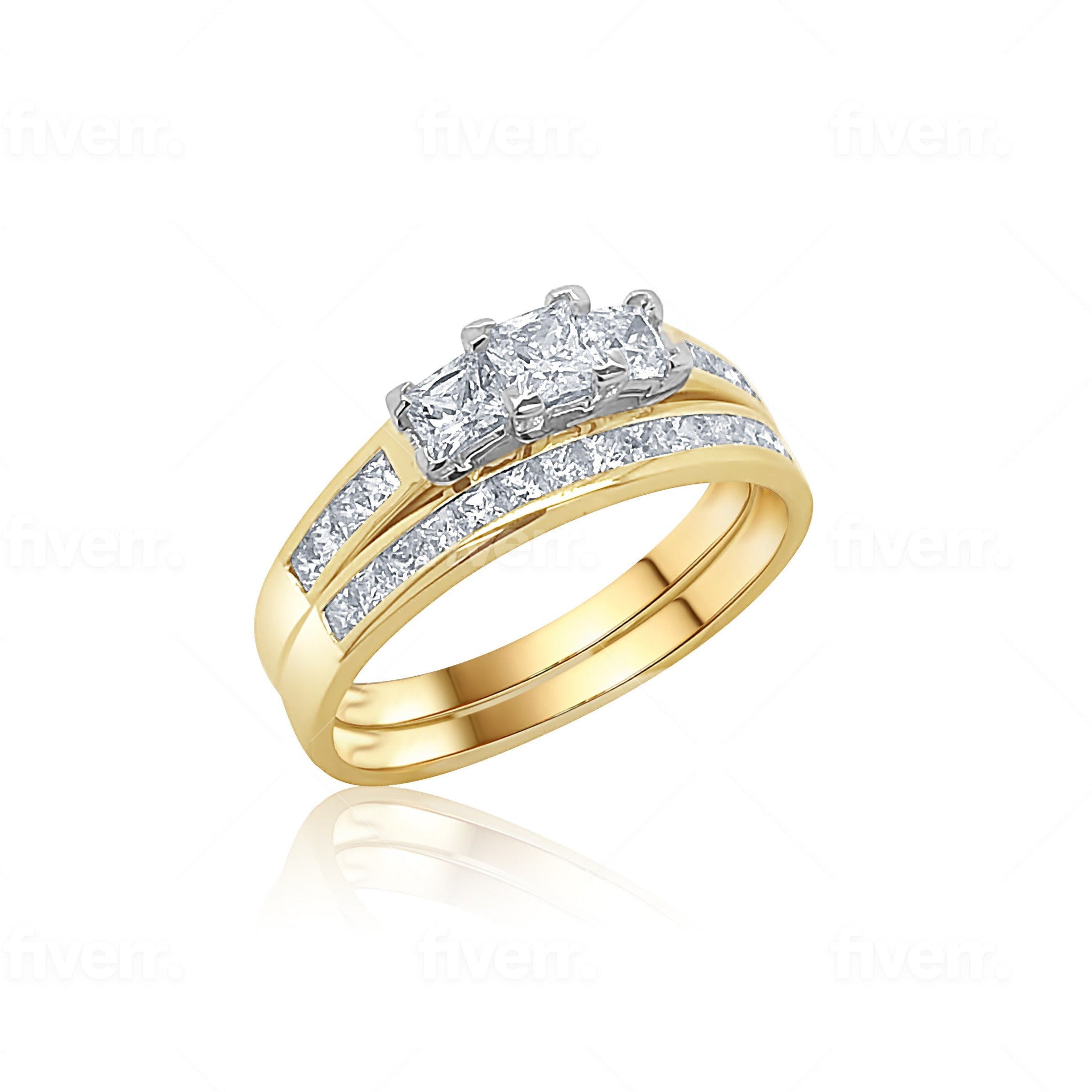 9ct Yellow Gold Cubic Zirconia Princess Cut Bridal Ring Set