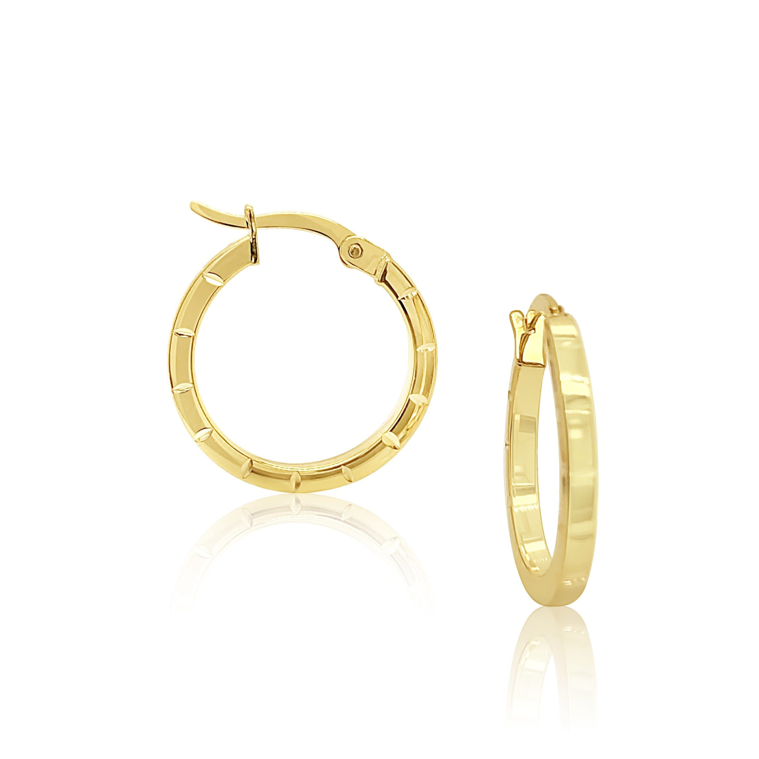 9ct Yellow Gold Silver Filled 15mm Diameter Cut Design Square Hoop Earrings