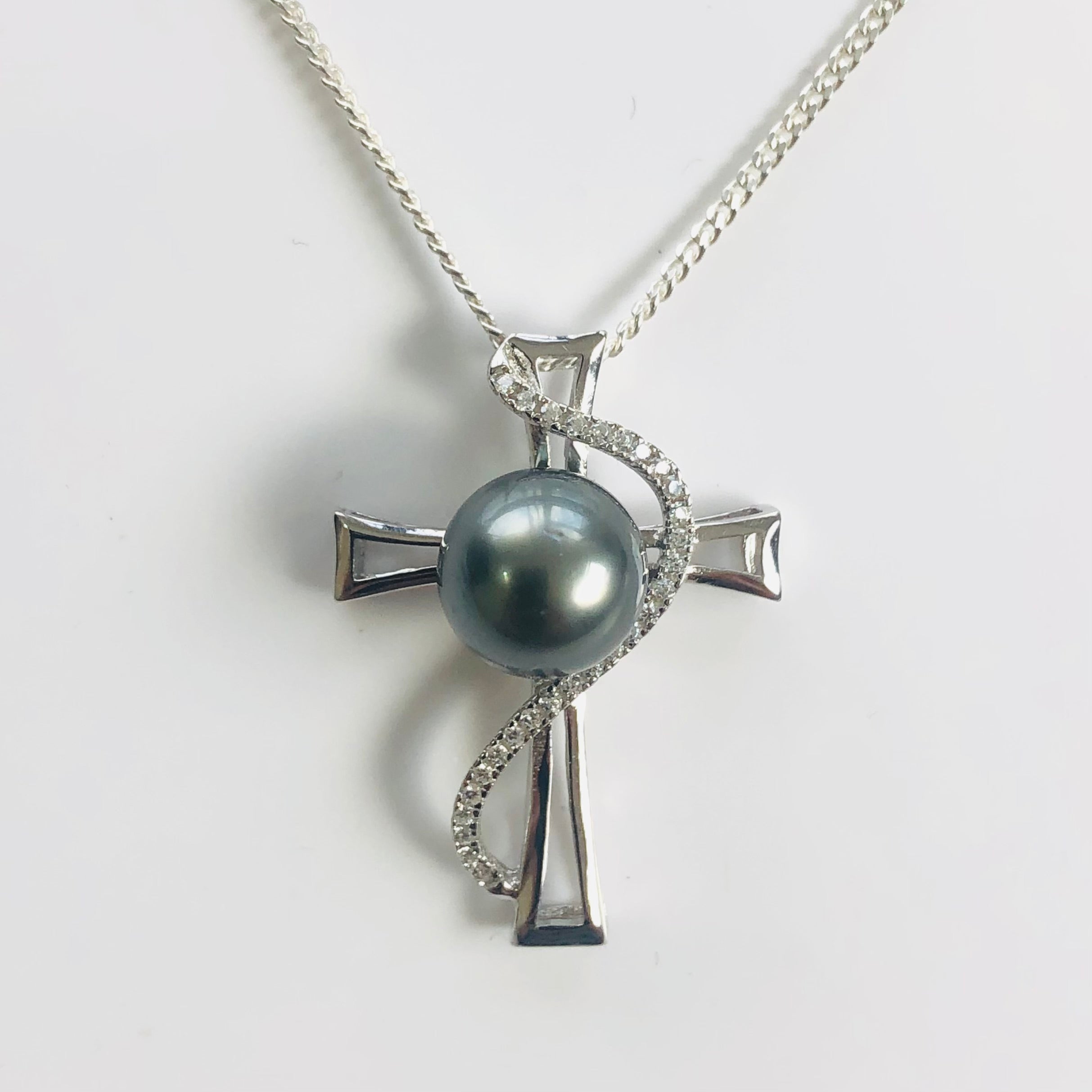 Sterling Silver Cubic Zirconia Cross with 9mm-10mm Round Tahitian Black Pearl