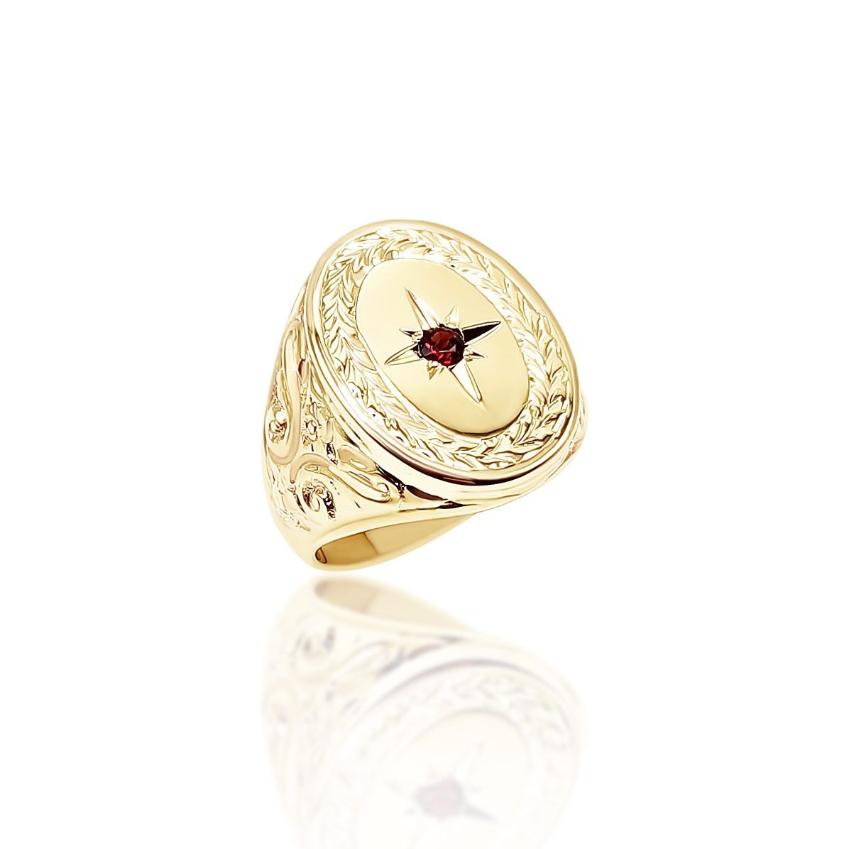 9ct Yellow Gents Large Oval Engraved with Round Garnet Ring