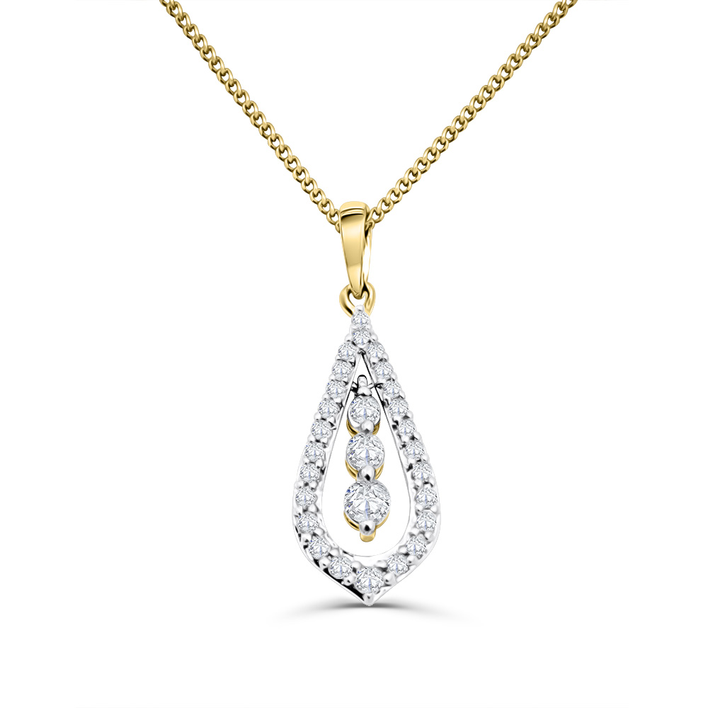 10ct Yellow Gold Tear Drop Diamond Pendant with Three Diamond Drop Inside The Frame