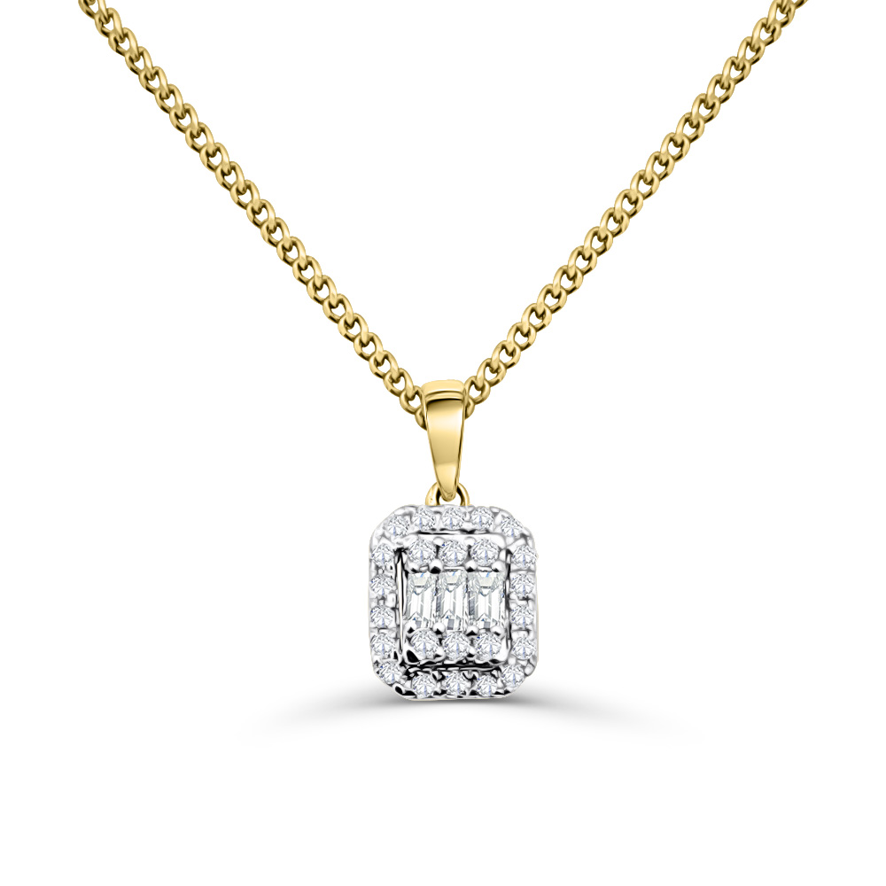 10ct Yellow Gold Baguette & Round Diamond Cluster Pendant