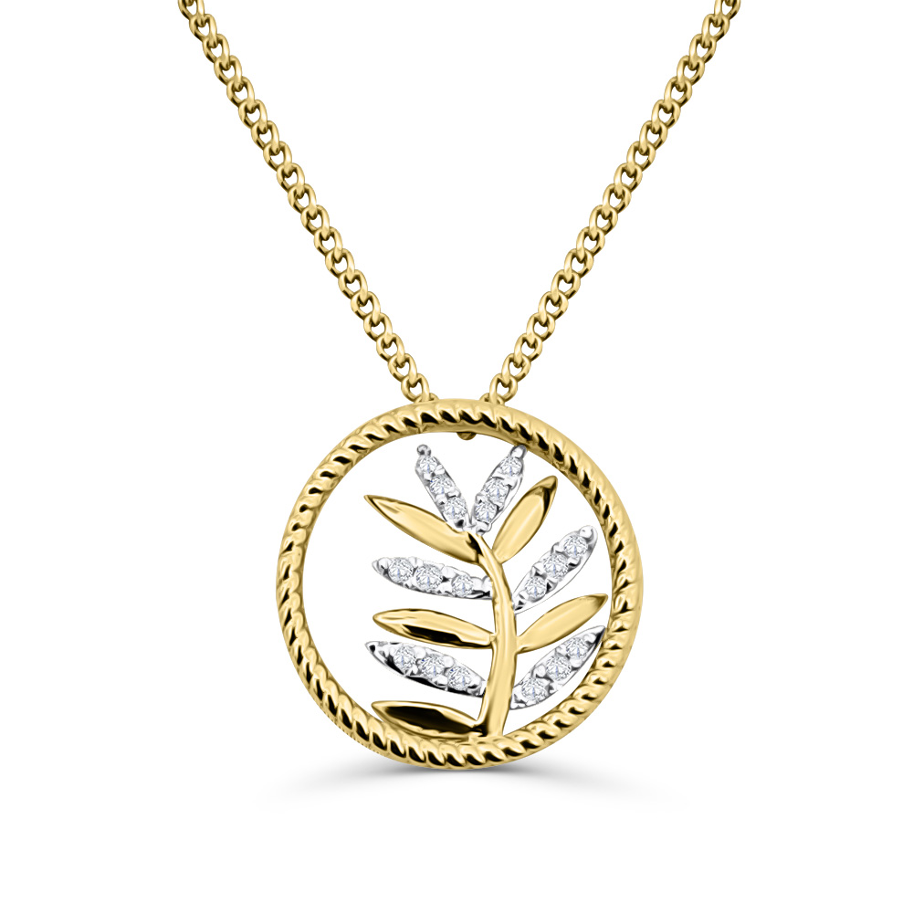 10ct Yellow Gold Circle Pendant with Diamond Set Leaf Inside