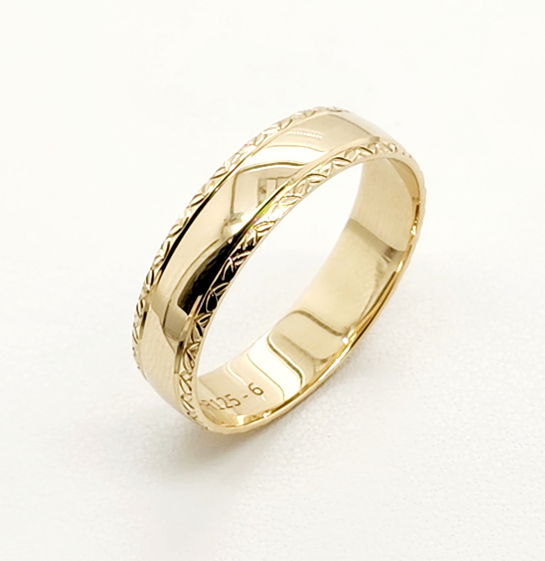 9ct Yellow Gold 6mm Wide Half Round Diamond Cut Edge High Polished Men's Wedding Band SKU-HR125 6MM