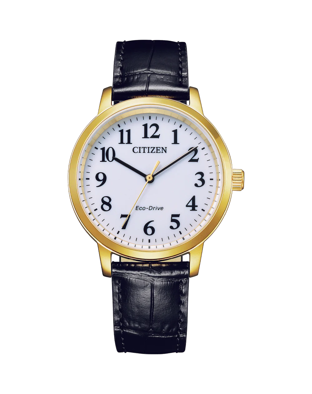 Citizen Eco-Drive Gents Gold Tone Case White Dial Black Leather Strap Watch - BJ6543-10A