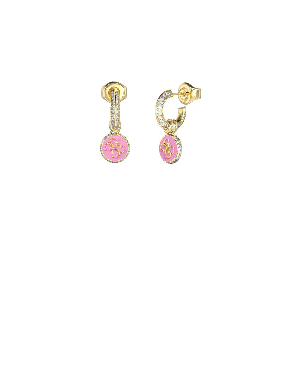 Guess 25mm Gold Tone 4G Logo Knot You Pink Crystal Stud Earrings