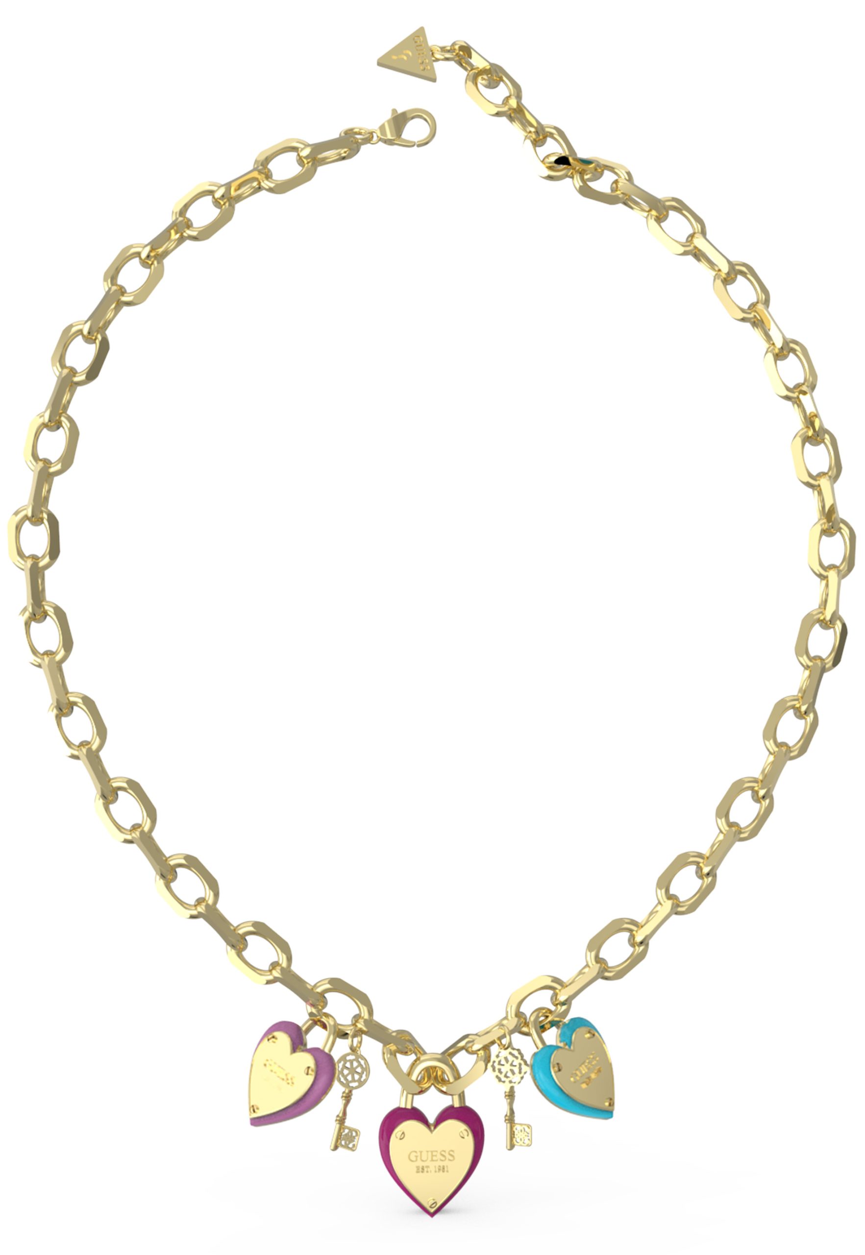 Guess All You Need is Love Gold Tone & Enamel 16"-18" Multi Heart & Key Necklace