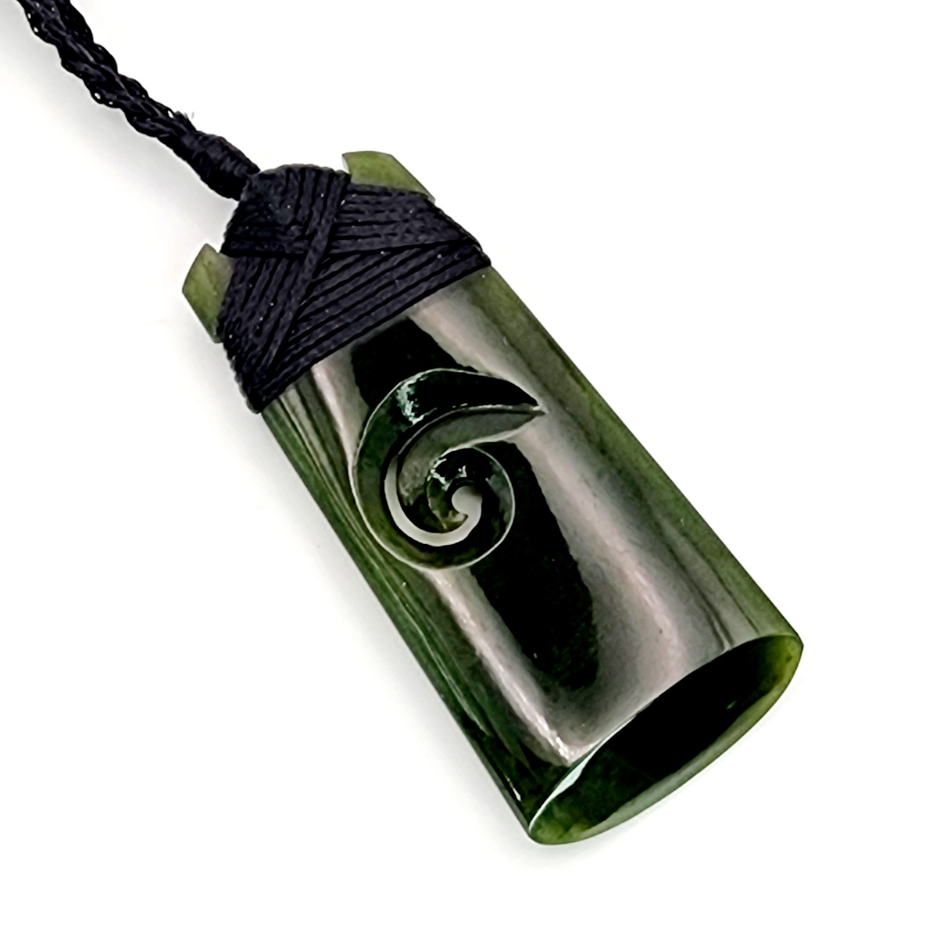 Greenstone Toki with Koru Insert and Lashed Black Cord