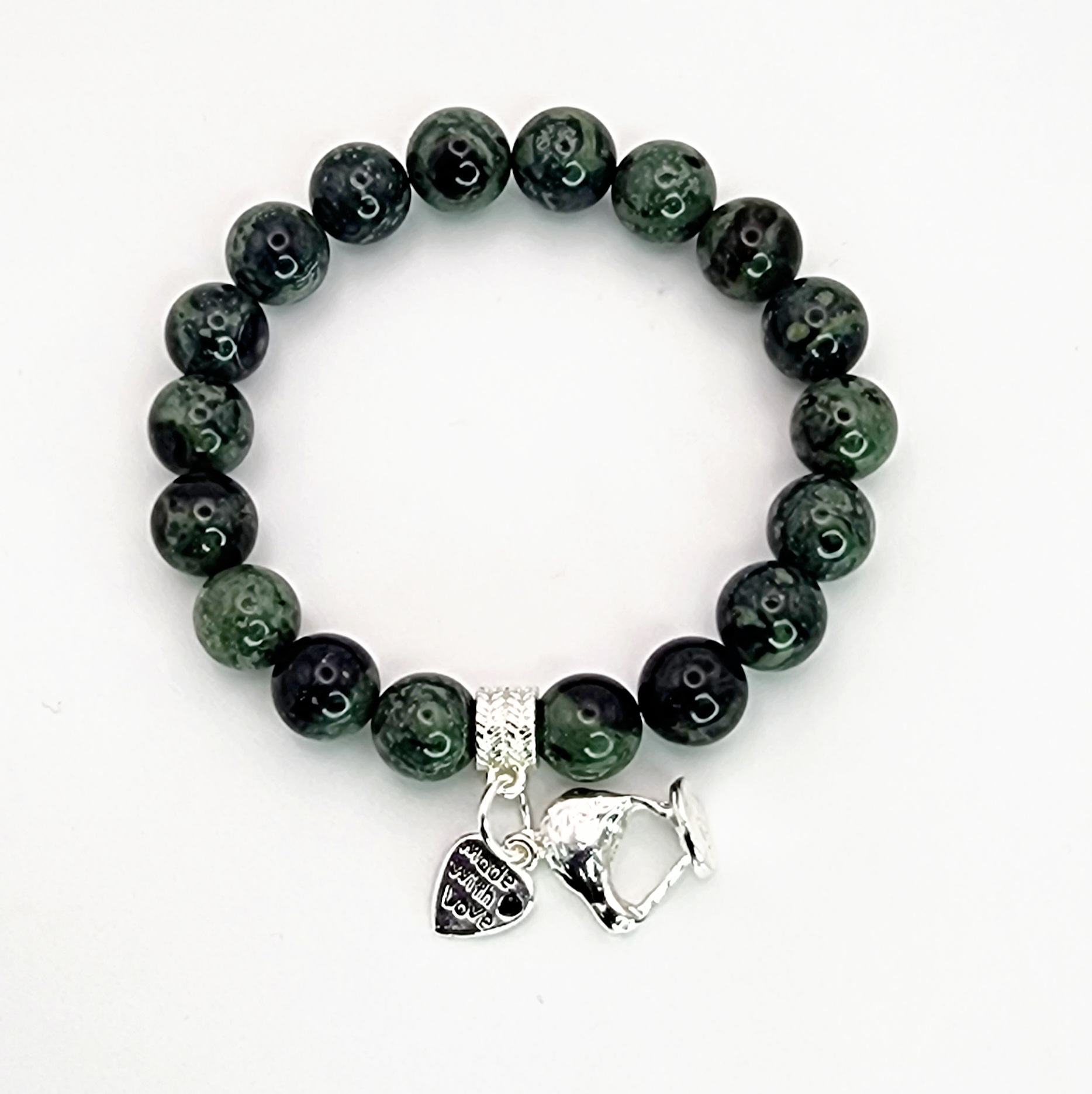 New Zealand Greenstone Pounamu Aroha Bead Bracelet with Dangle Charm SKU-NKB1 Greenstone Jewellery 