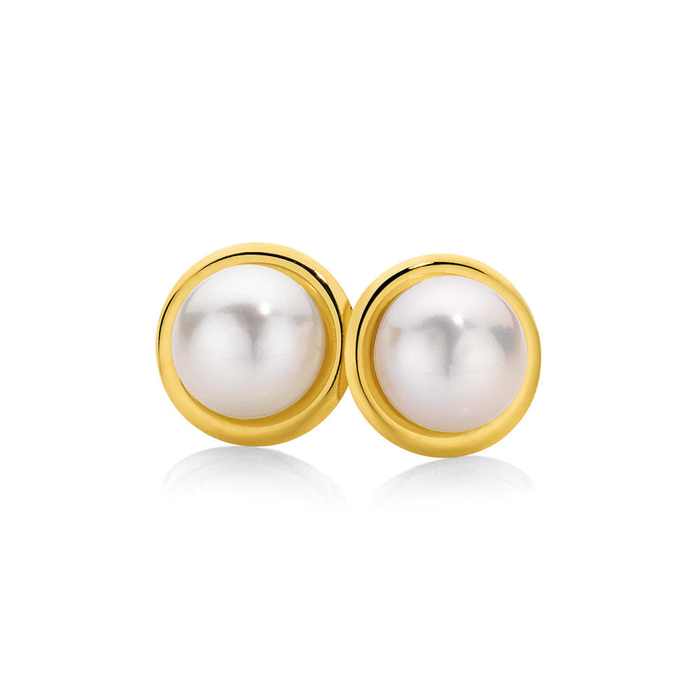 9ct Yellow Gold 7mm Round Cultured Freshwater Pearl Stud Earrings Gold Pearl Jewellery, Pearl Jewellery 