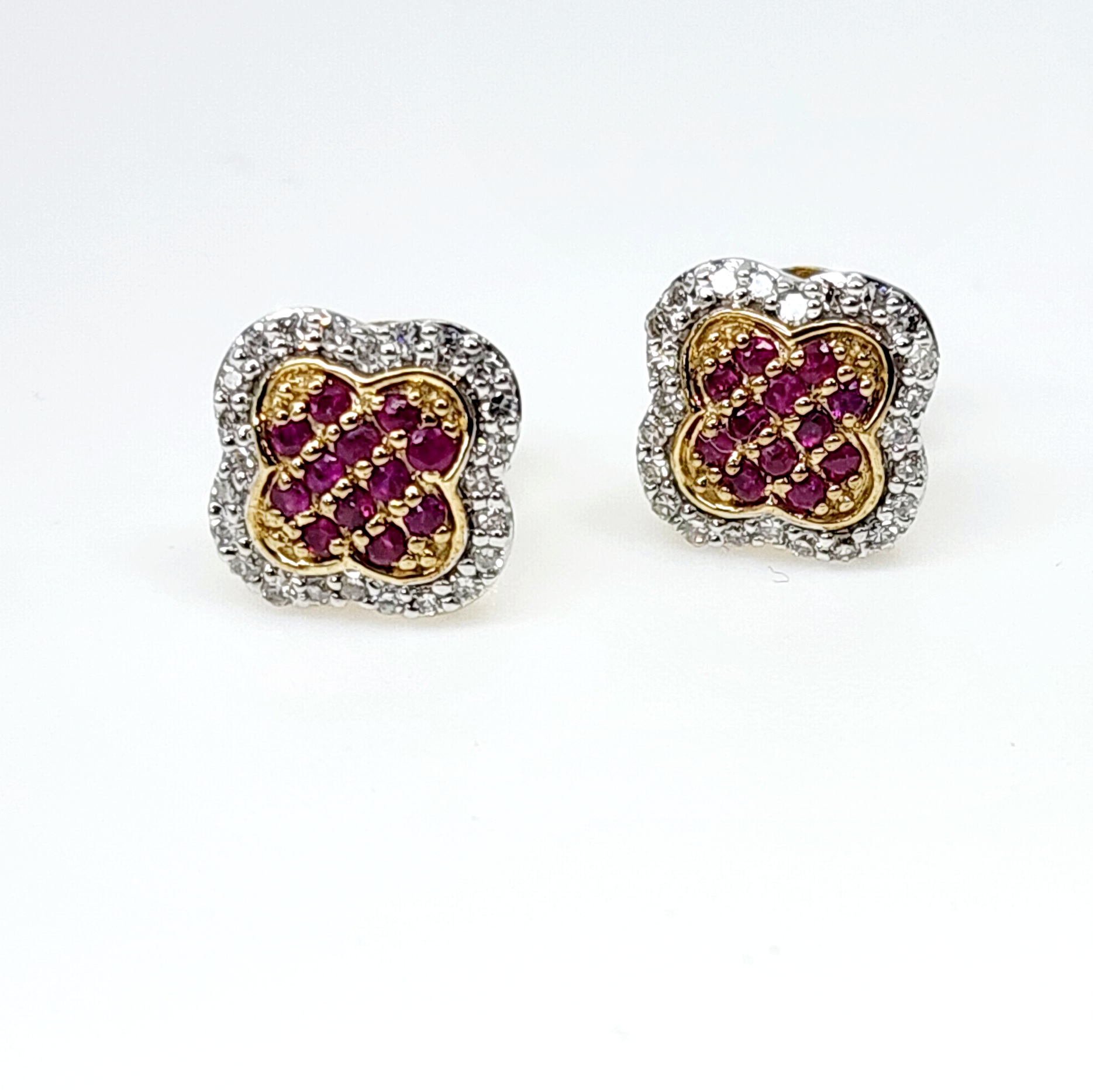 9ct Yellow Gold 8mm Square Cluster Ruby & Diamond Stud Earrings