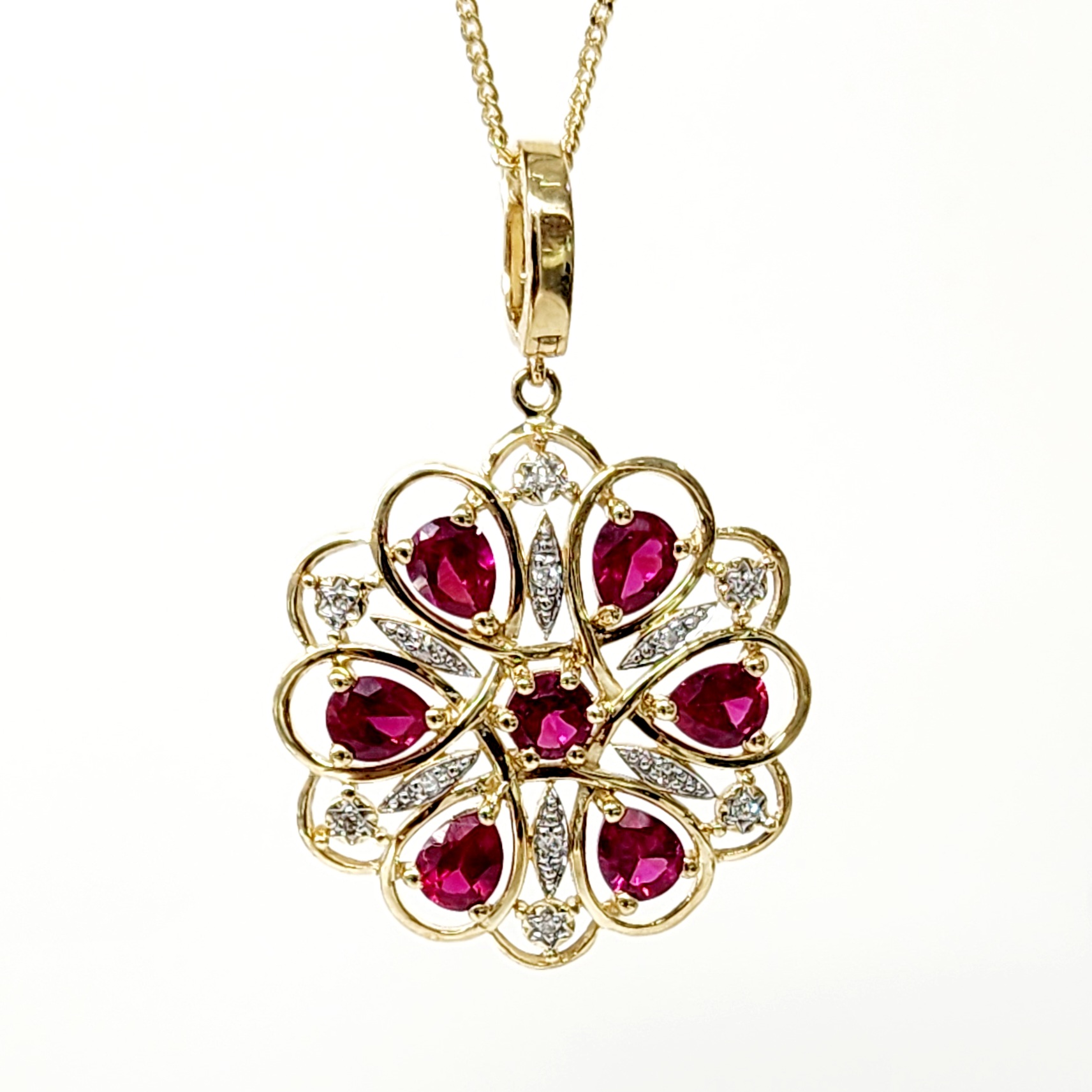 9ct Yellow Gold Created Ruby & Natural Diamond Flower Pendant