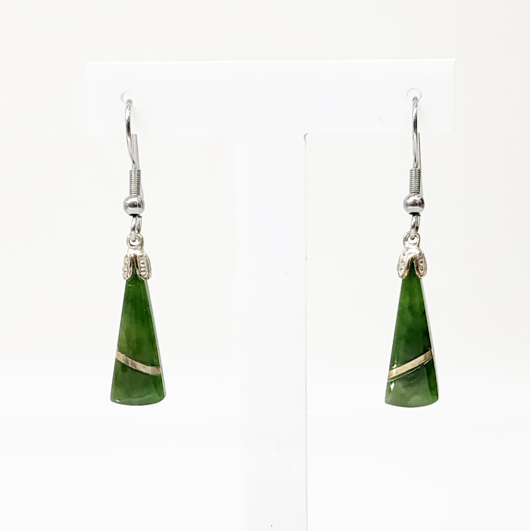 Wedged-Shaped NZ Greenstone Earrings with Silver Thread