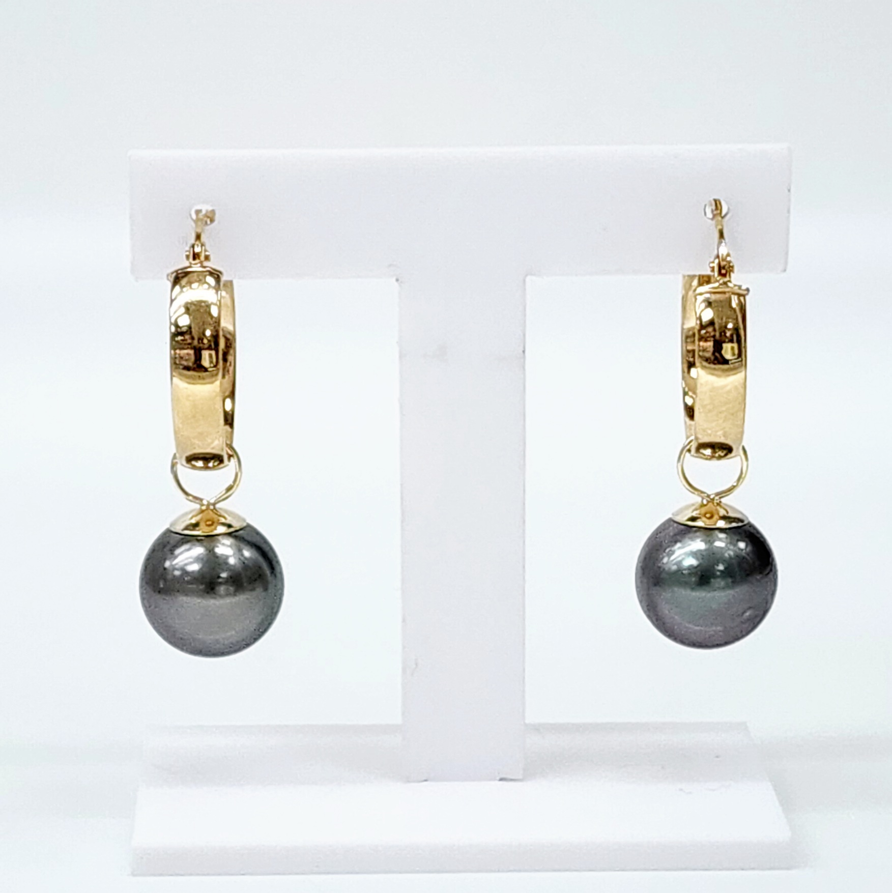 9ct Yellow Gold 11-12mm Round Tahitian Black Pearl Hoop Earrings Gold Pearl Jewellery, Pearl Jewellery 