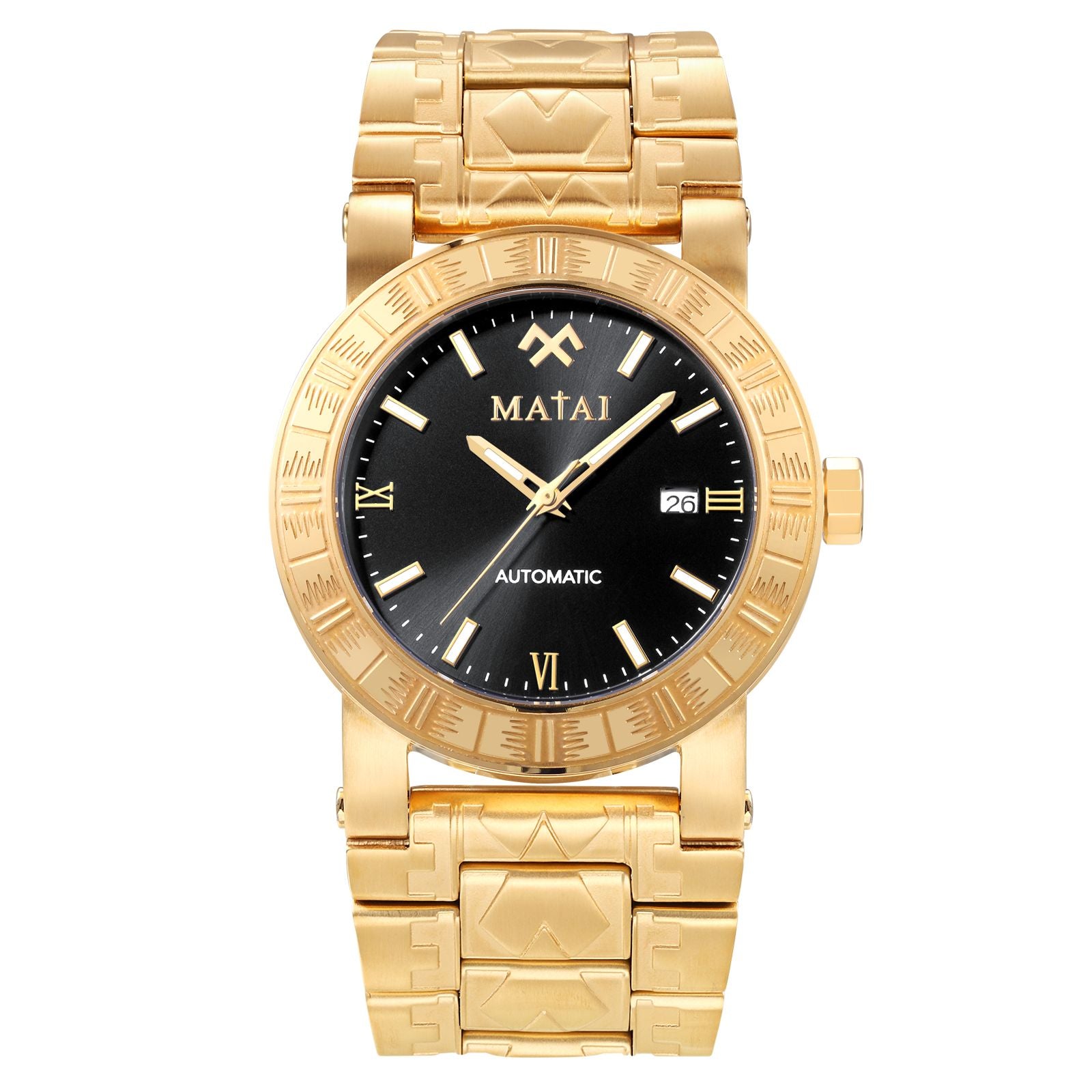 MATAI Malaga Automatic Watch, Date, Gold Case & Band, Black Dial