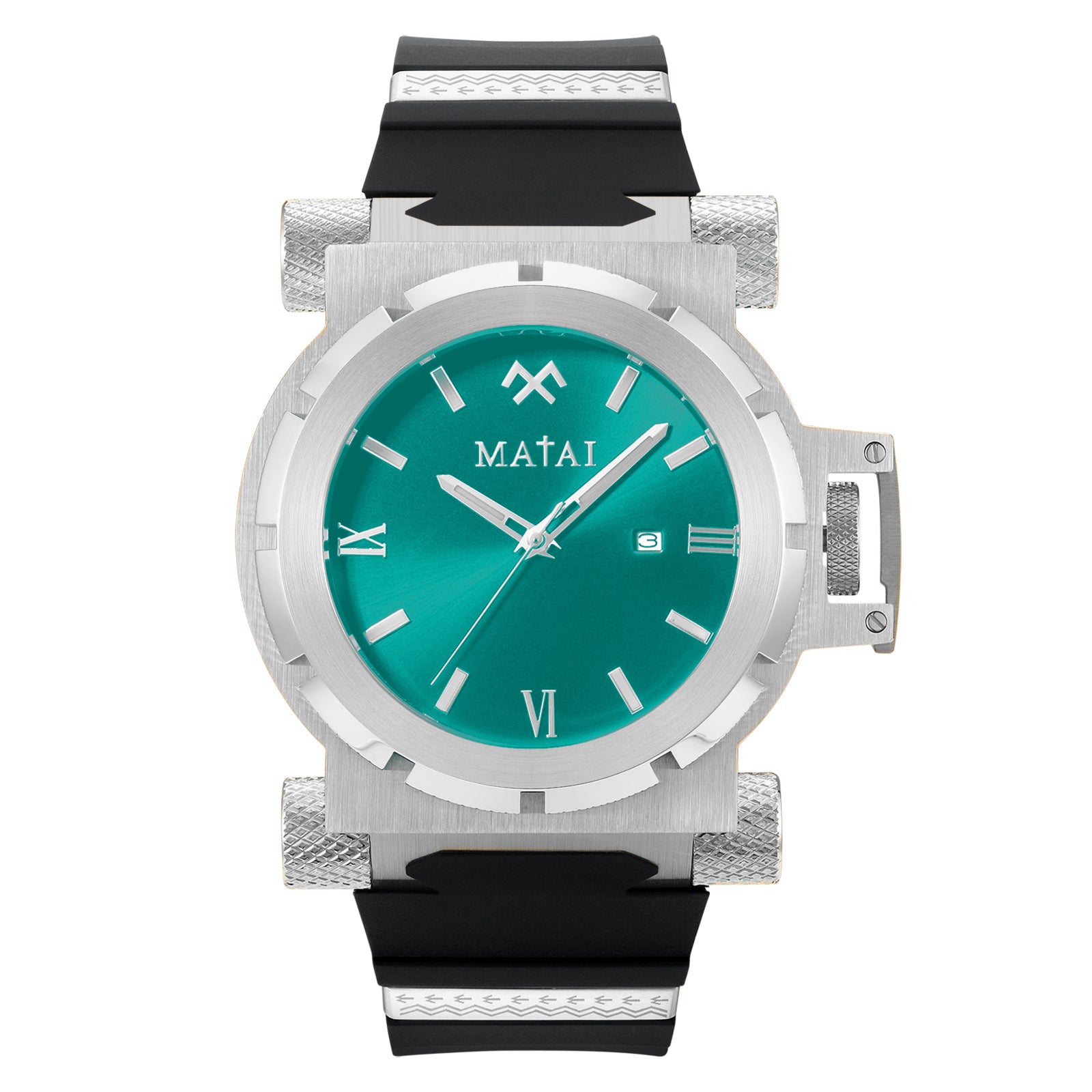 MATAI Genesis G4 Silver Case, Turquoise Dial, Black Silicone Strap