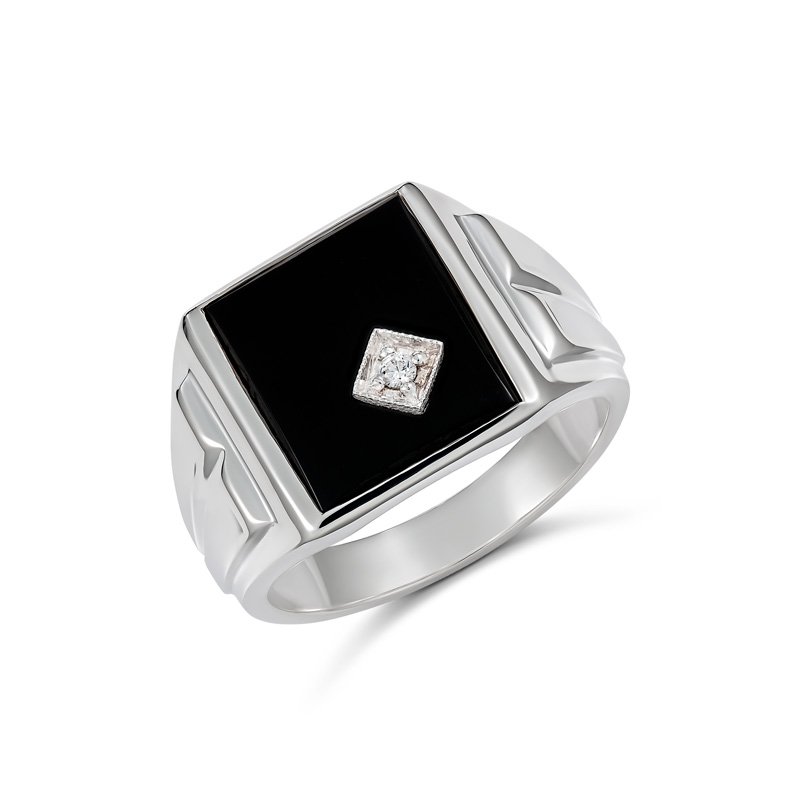 Sterling Silver 14 x 12mm Rectangle Black Onyx Gents Ring Set with Cubic Zirconia Sterling Silver Rings 