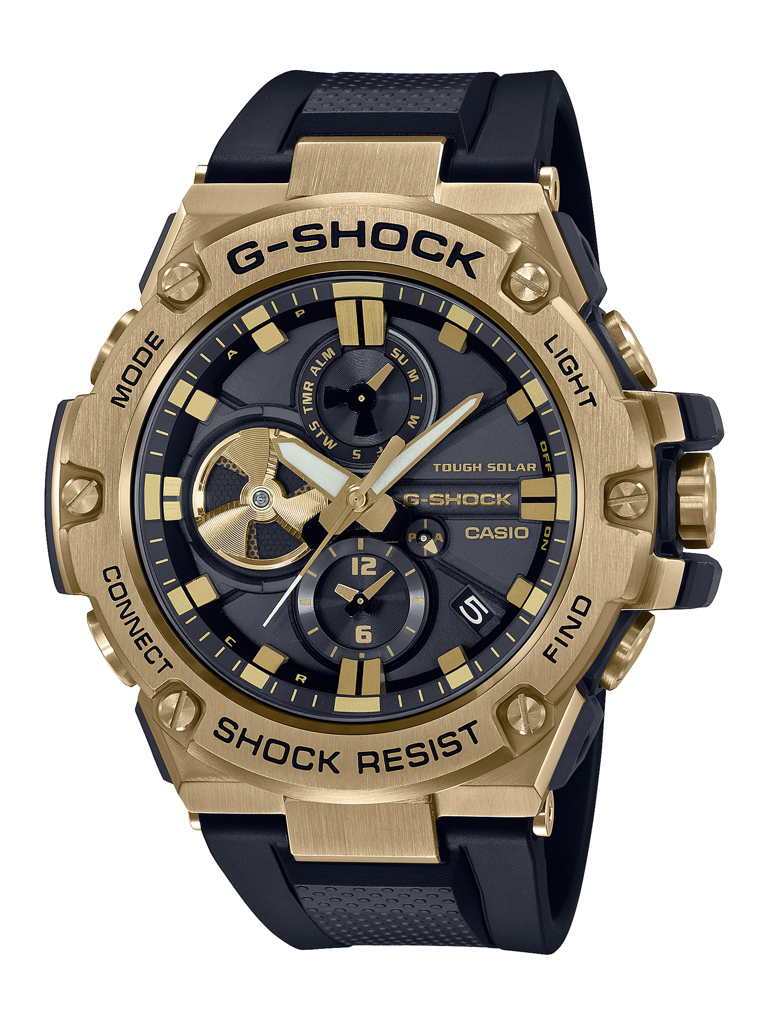 Casio G-Shock Solar Powered, Bluetooth, 200M WR Gold Case Black Band - GSTB100GB-1A9 G-SHOCK 