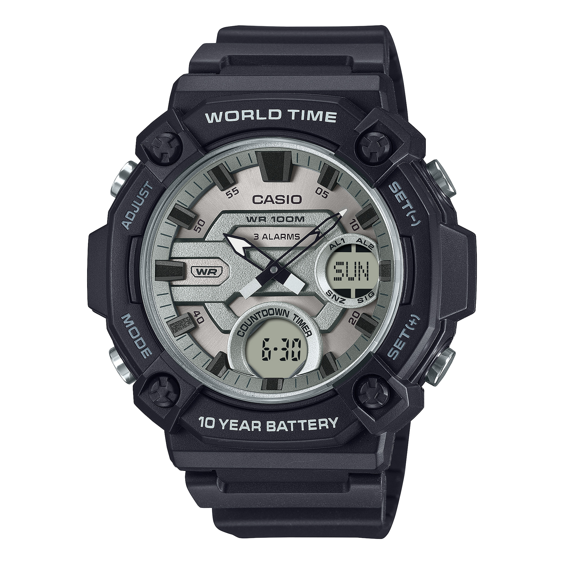 Casio Duo Monotone Colour Silver Face, Black Resin Strap 100M WR, 10YR Battery - AEQ120W-7A CASIO 